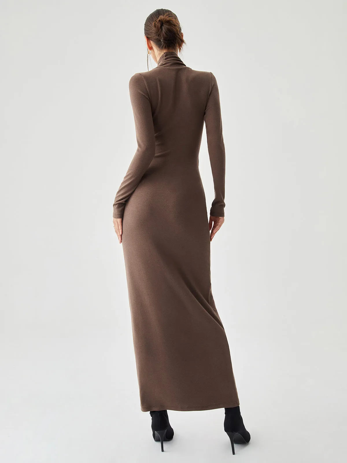 Bodycon High Neck Ribbed Knit Classic Long Dress with Matching Scarf