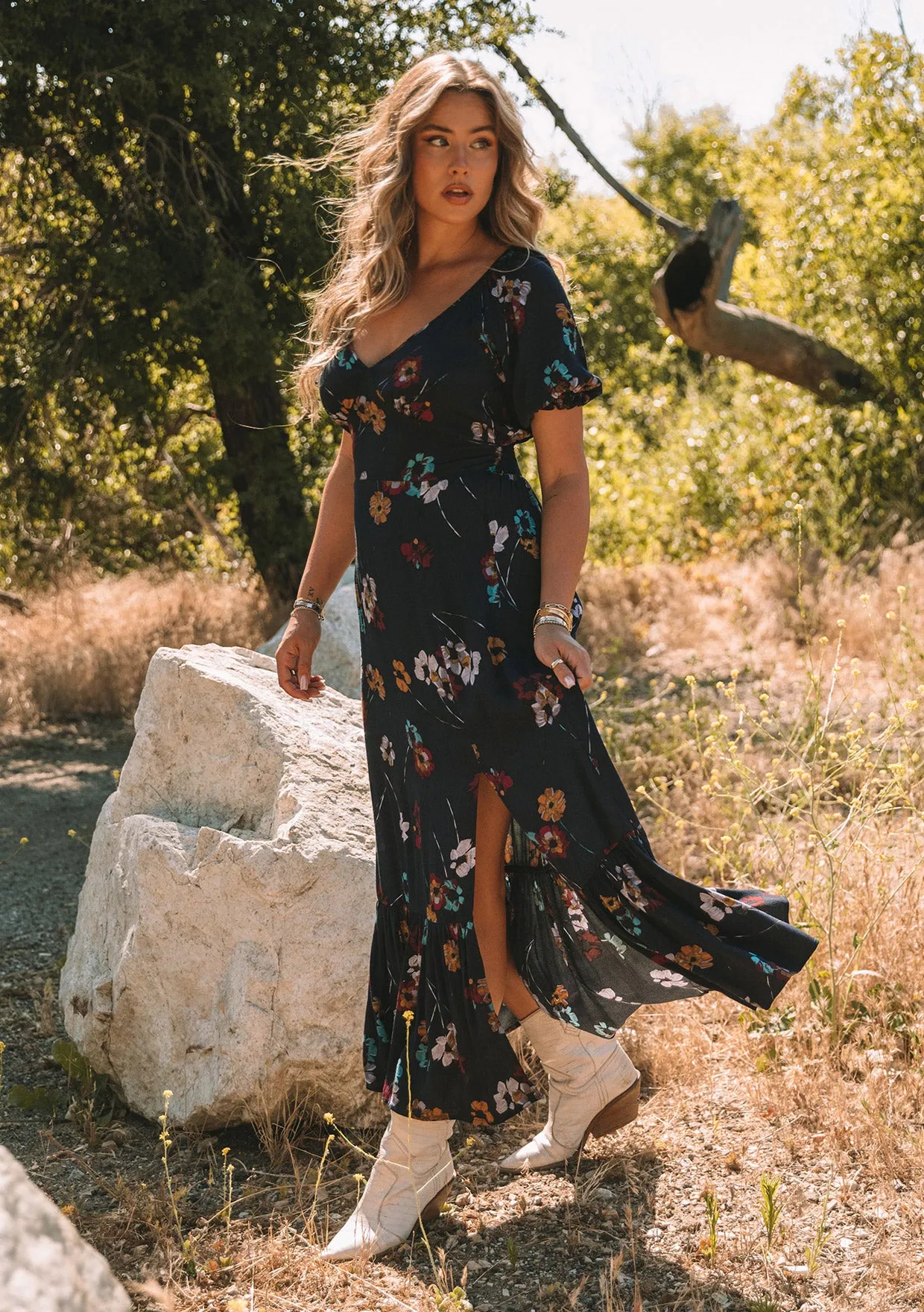 Floral Puff Sleeve V Neck Maxi Dress
