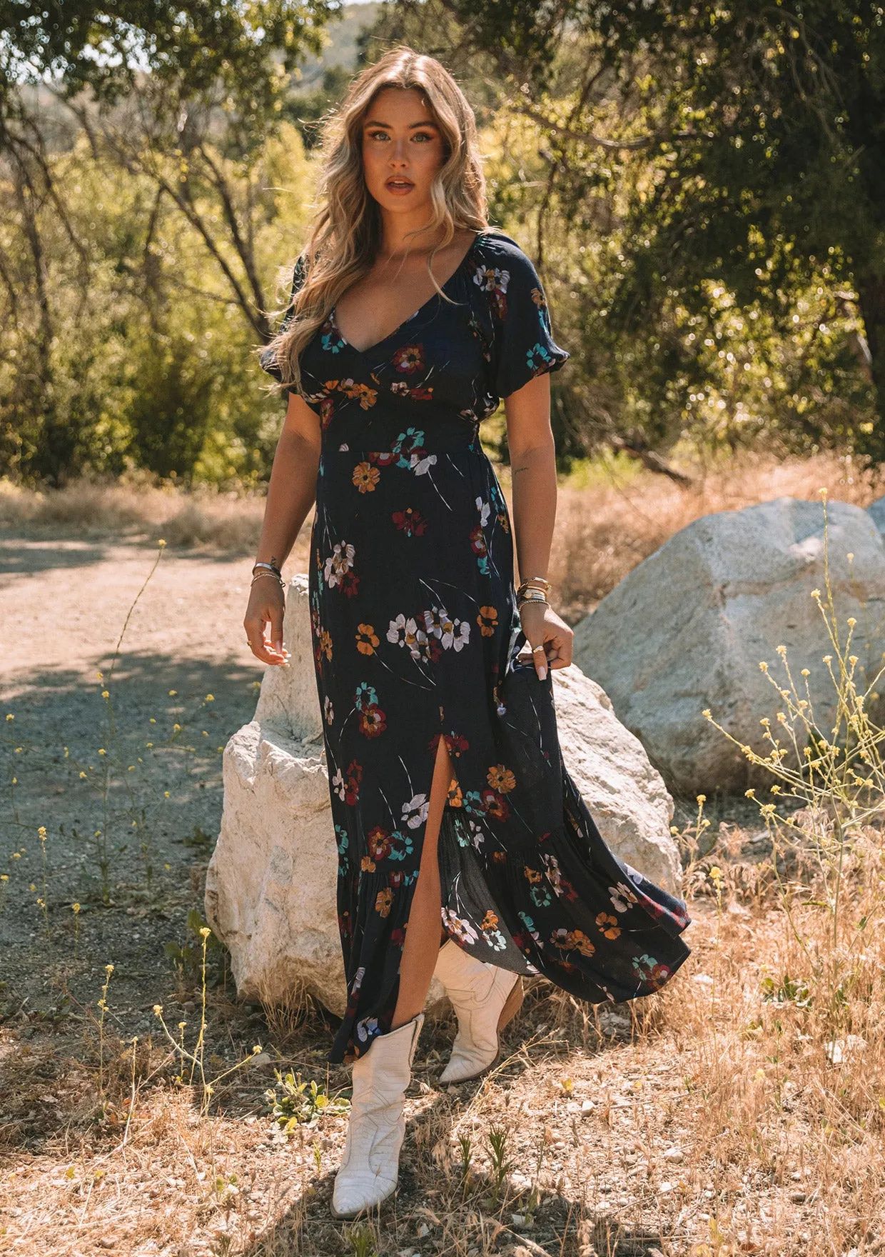 Floral Puff Sleeve V Neck Maxi Dress