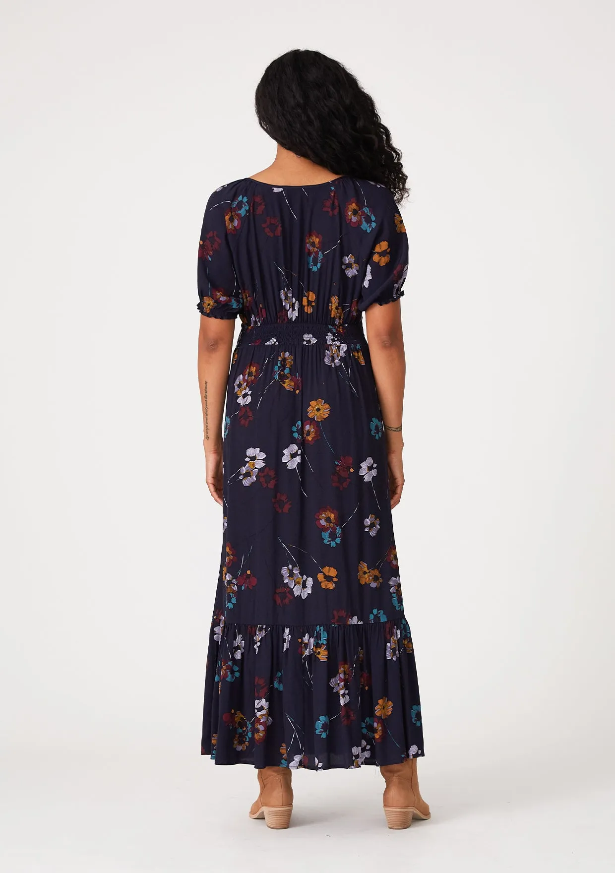 Floral Puff Sleeve V Neck Maxi Dress