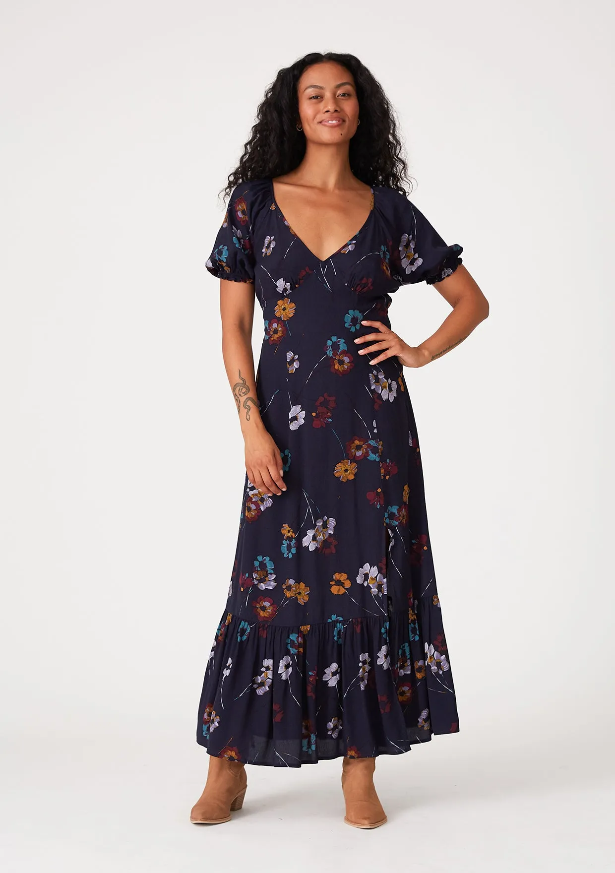 Floral Puff Sleeve V Neck Maxi Dress