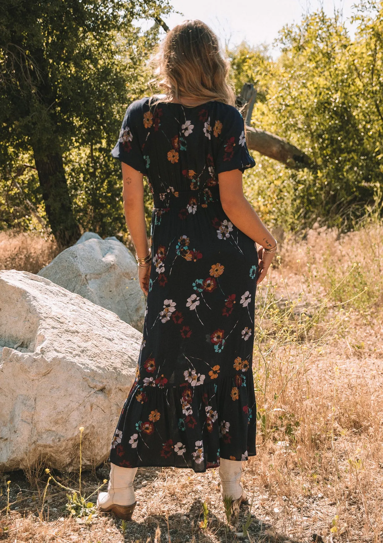 Floral Puff Sleeve V Neck Maxi Dress