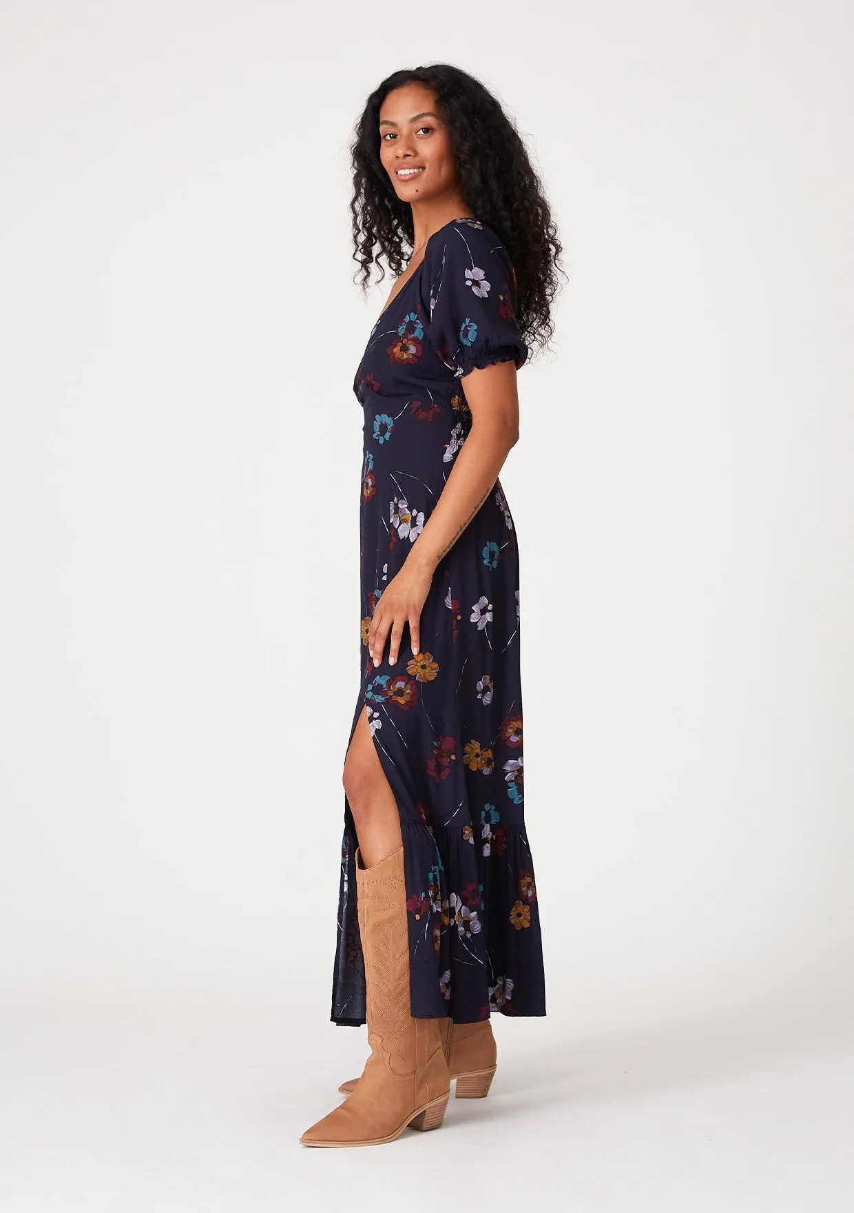 Floral Puff Sleeve V Neck Maxi Dress