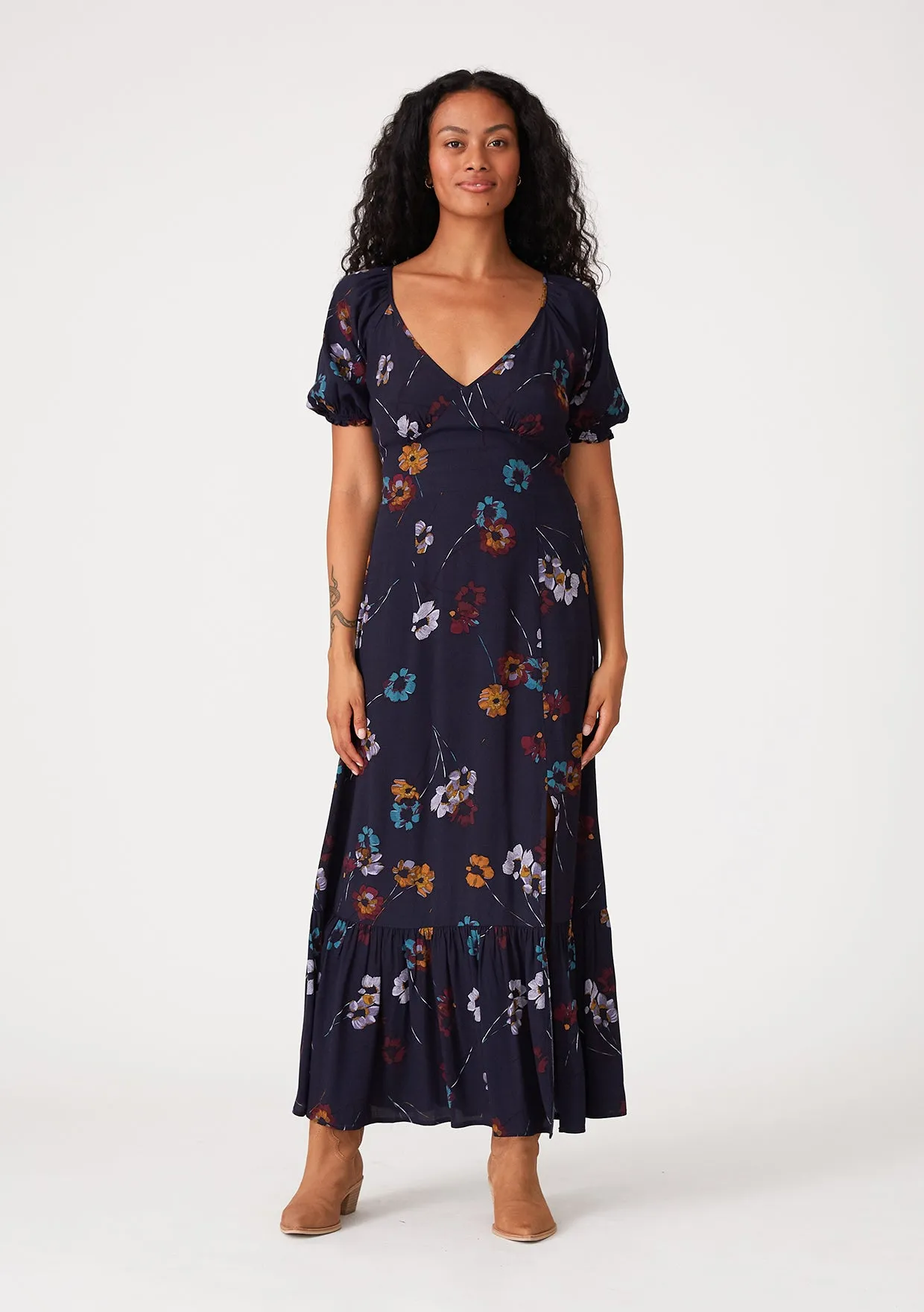 Floral Puff Sleeve V Neck Maxi Dress