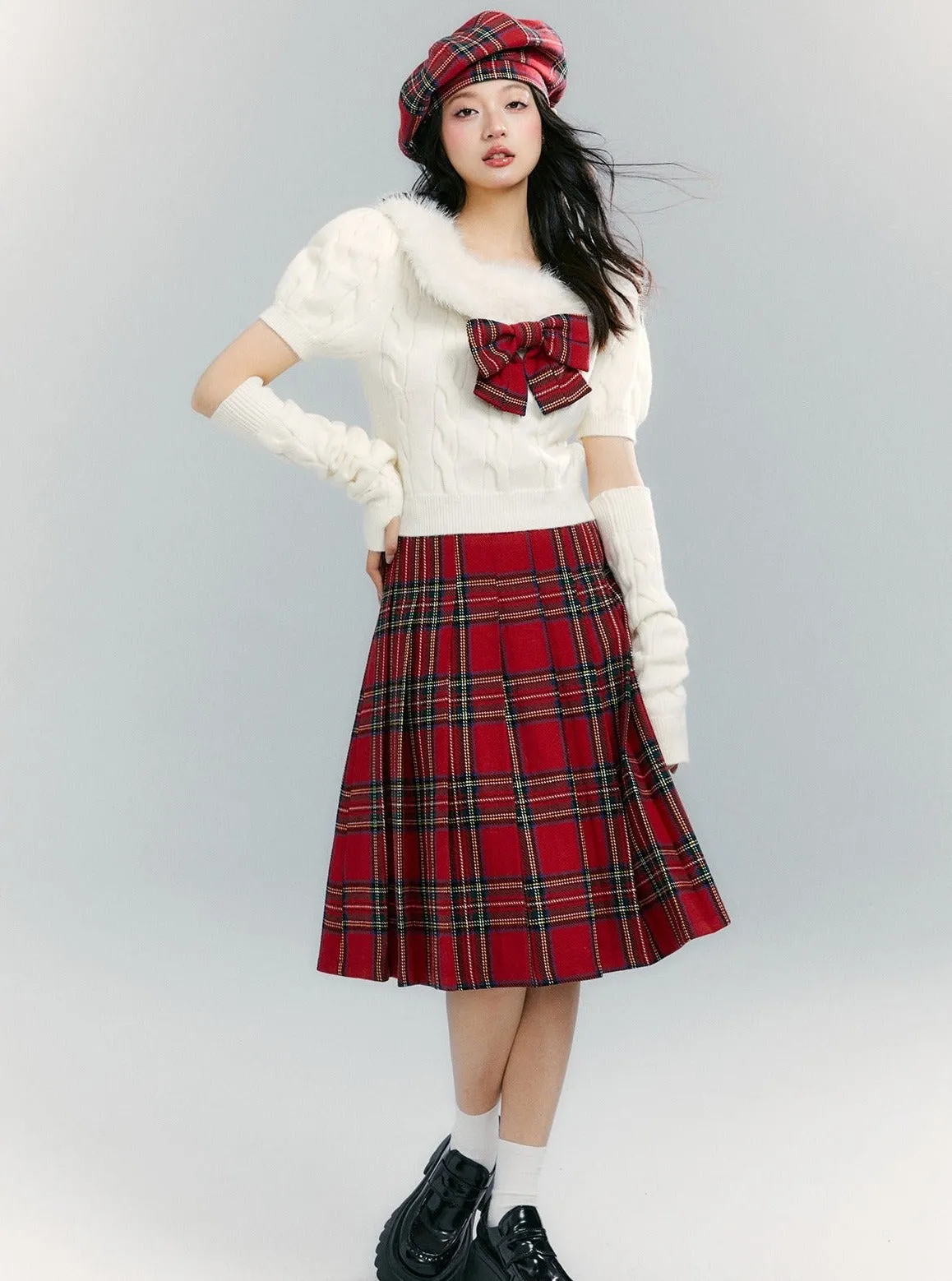Fur Collar Tops Red Plaid Skirt 2-piece Set