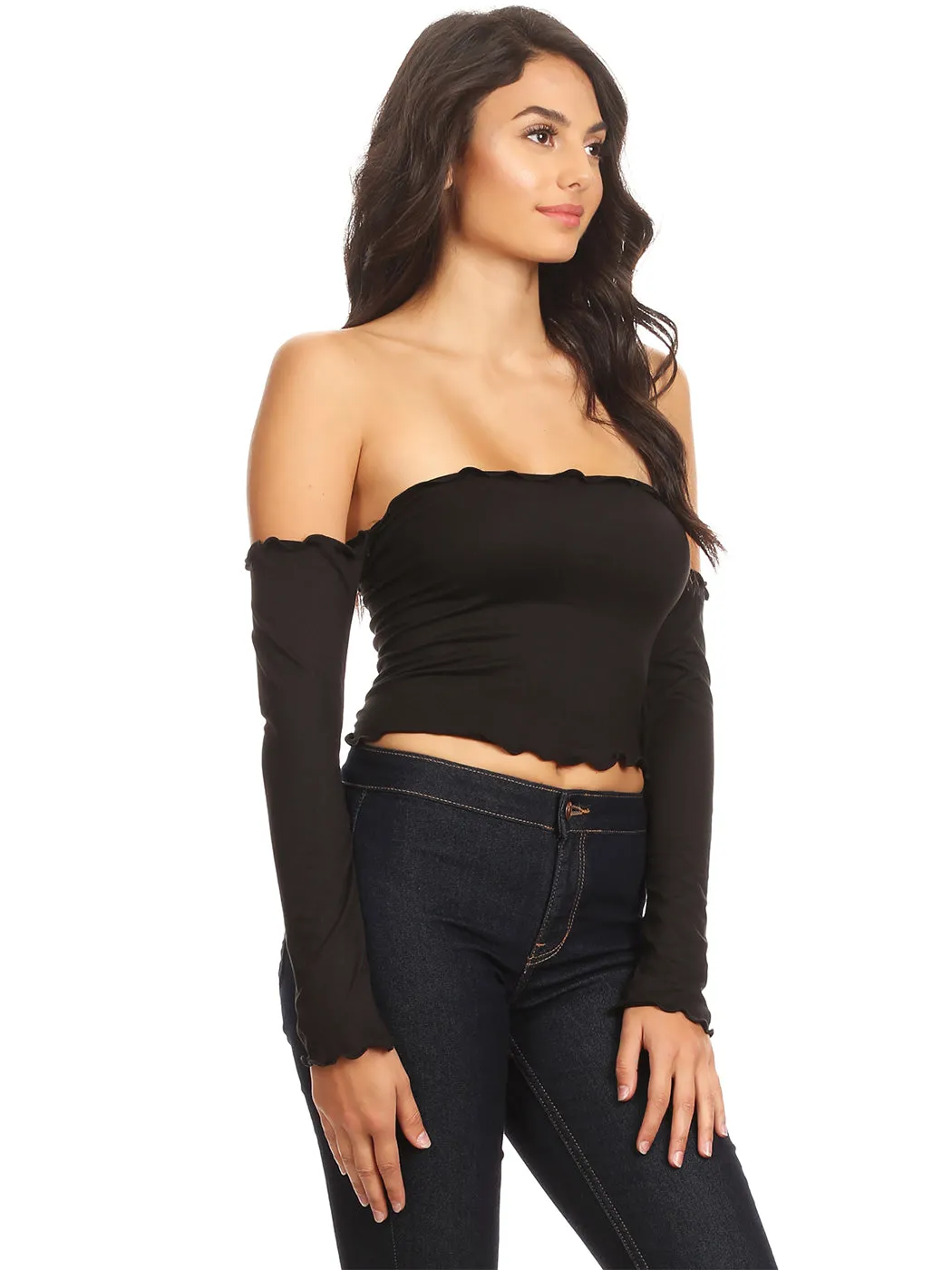 Slim Fit Chic Long Sleeve Off Shoulder Ruffle Crop Top