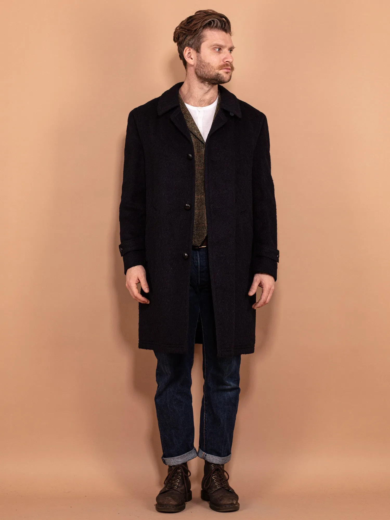 Vintage 70's Men Llama Wool Coat in Navy Blue