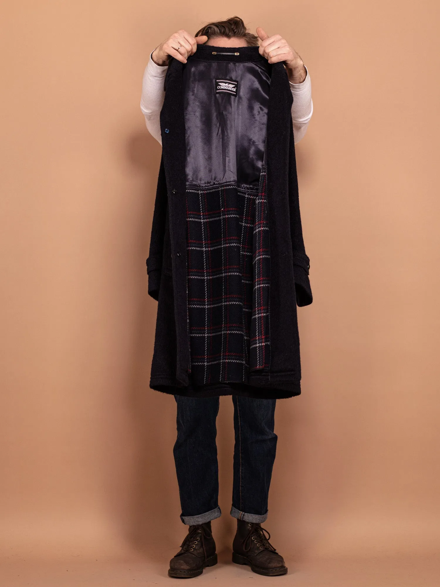 Vintage 70's Men Llama Wool Coat in Navy Blue