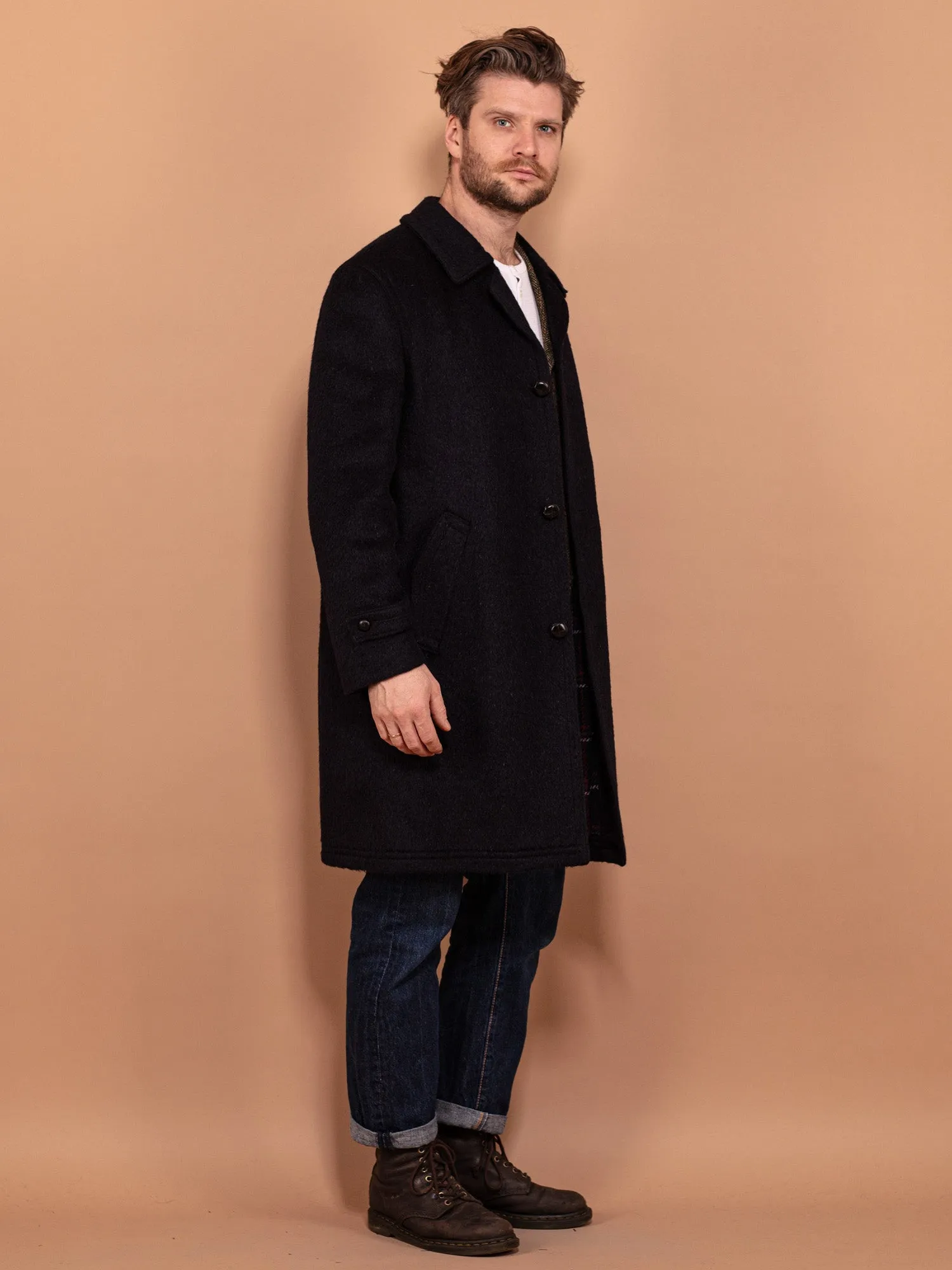 Vintage 70's Men Llama Wool Coat in Navy Blue