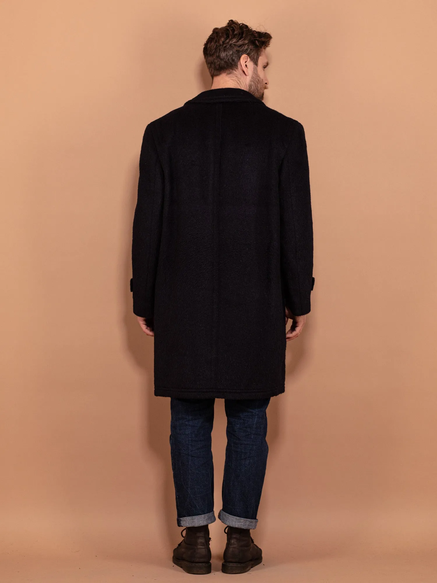 Vintage 70's Men Llama Wool Coat in Navy Blue