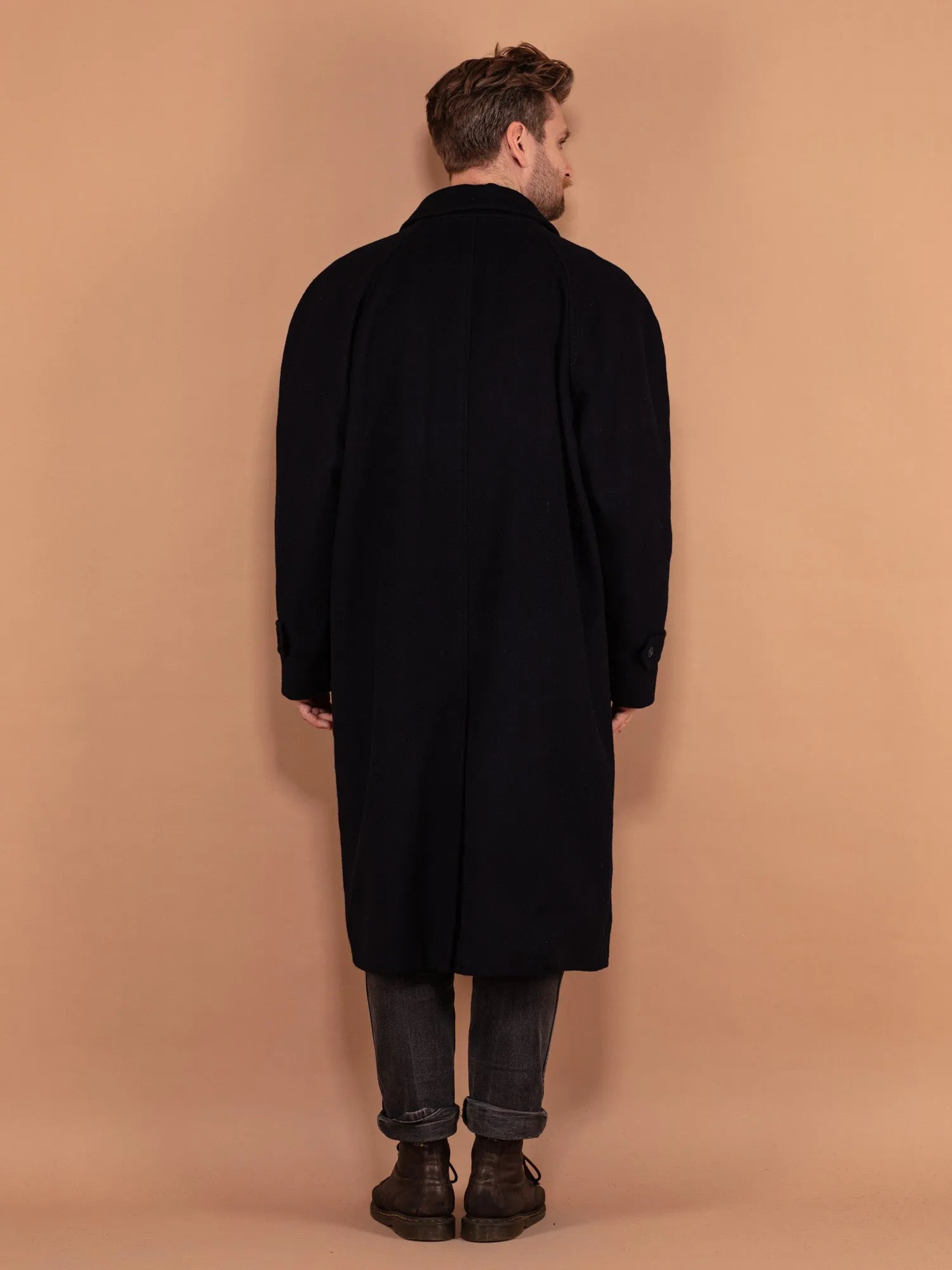 Vintage 80's Men Wool Overcoat in Navy Blue