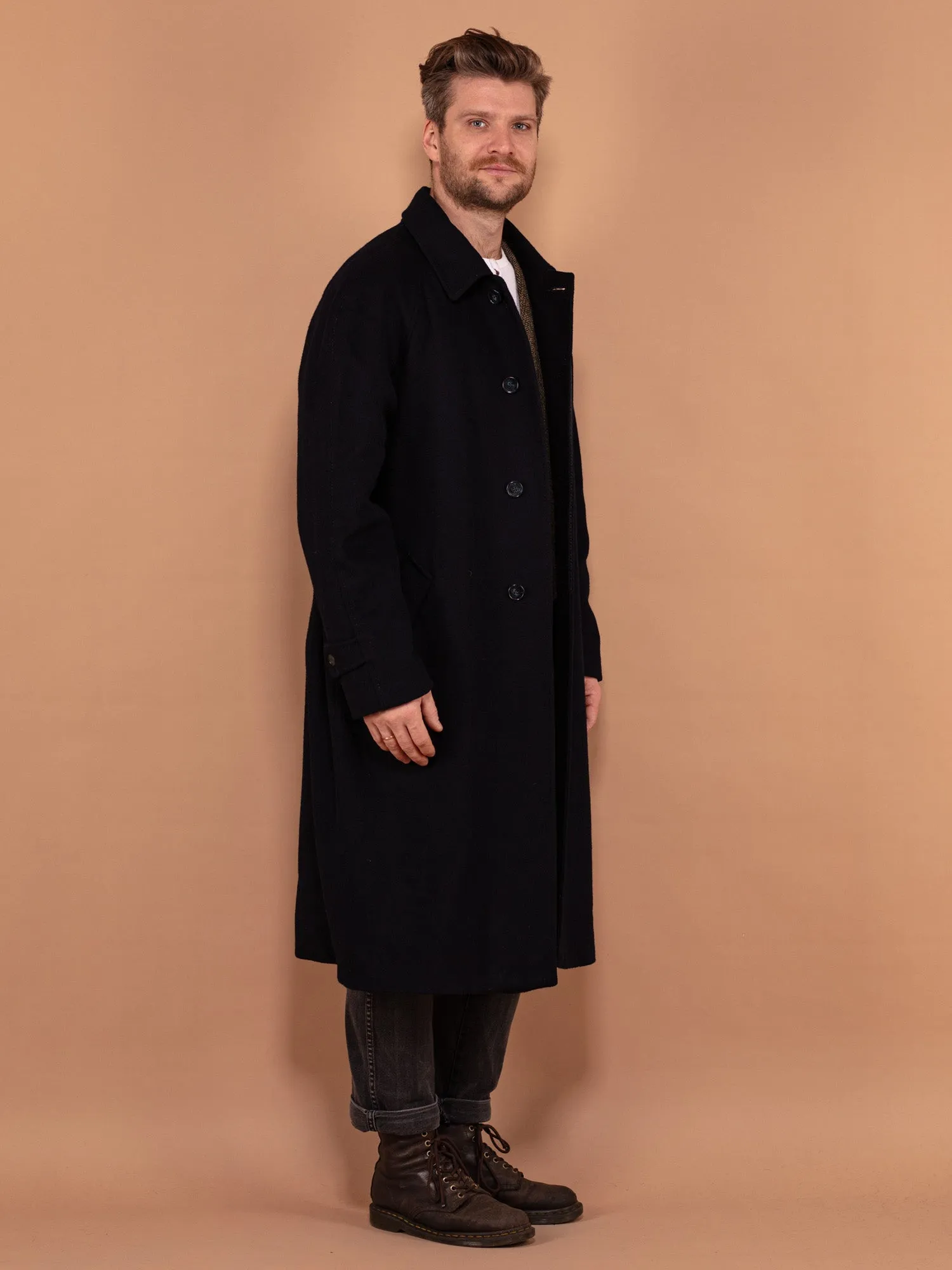 Vintage 80's Men Wool Overcoat in Navy Blue