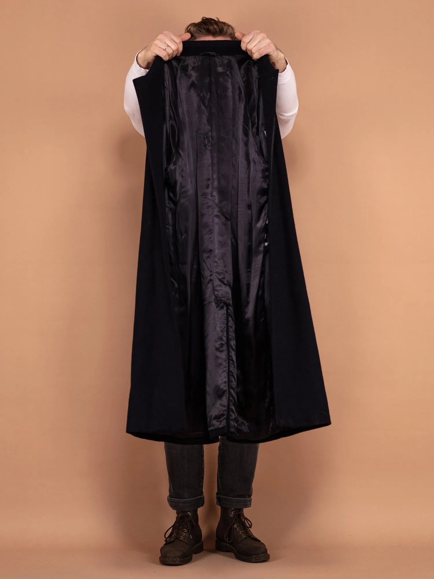 Vintage 80's Men Wool Overcoat in Navy Blue