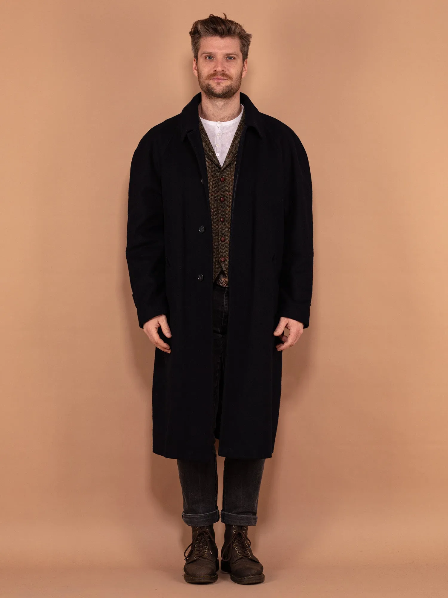 Vintage 80's Men Wool Overcoat in Navy Blue